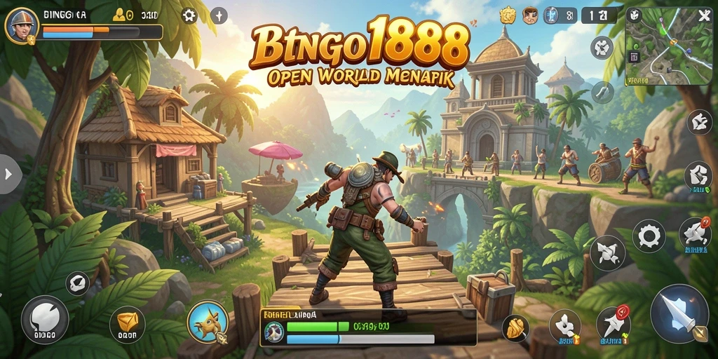 Screenshot gameplay BINGO188 yang menunjukkan eksplorasi dunia luas.