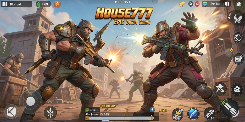 Tangkapan layar utama HOUSE777 menampilkan momen beraksi di arena Battle Royale.
