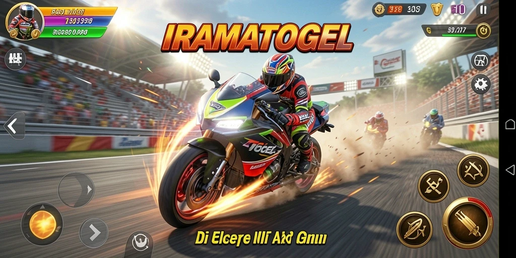 Screenshot gameplay IRAMATOGEL menampilkan aksi balapan motor yang intens.