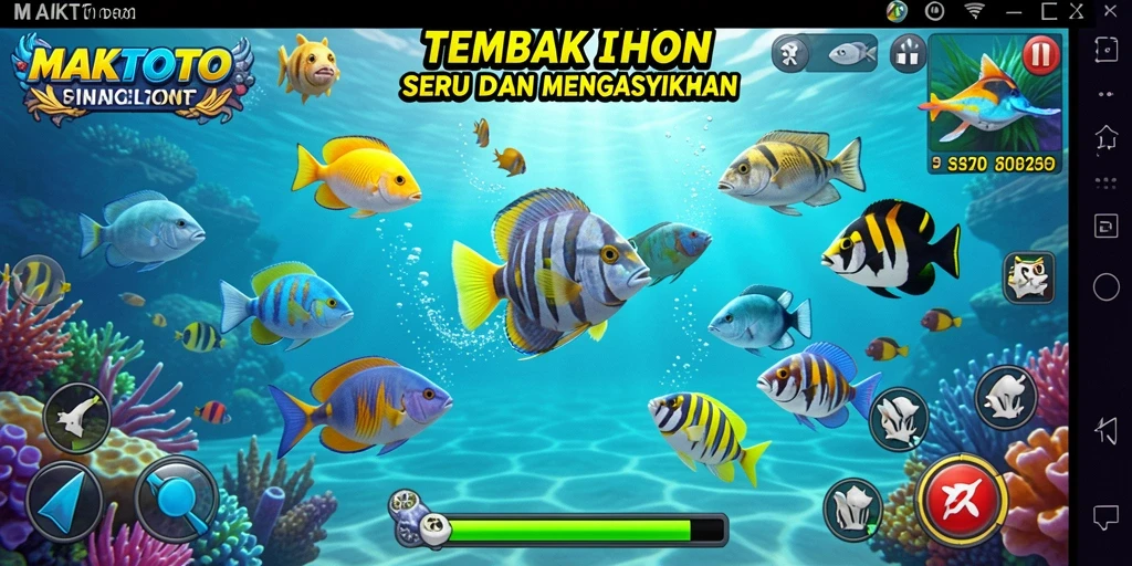 Screenshot gameplay seru di MAKTOTO menampilkan aksi menembak ikan.