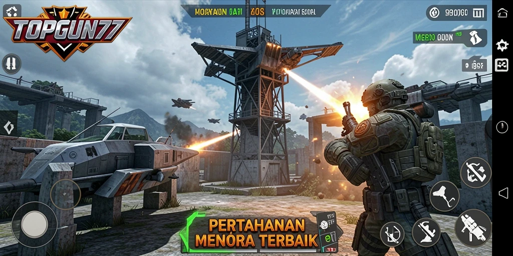 Tampilan gameplay menarik dari TOPGUN77 yang menampilkan pertahanan menara.