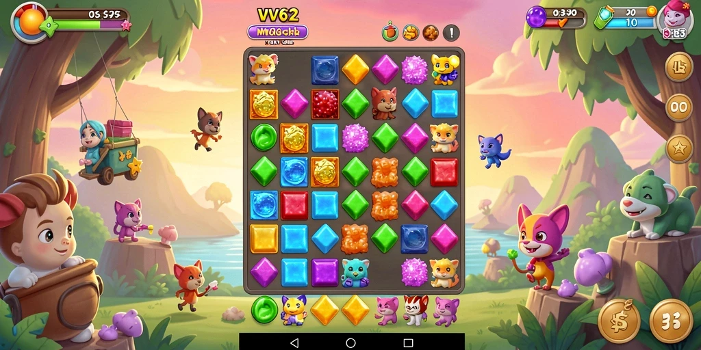 Screenshot gameplay VV62 menampilkan aksi seru dalam permainan Match-3.