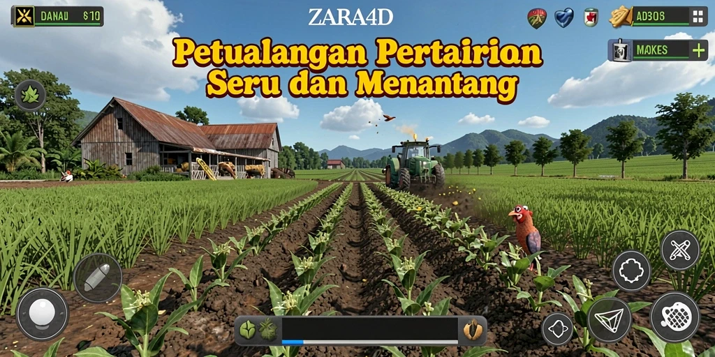 Tampilan gameplay <strong>ZARA4D</strong> yang penuh warna dan menarik di ladang pertanian.